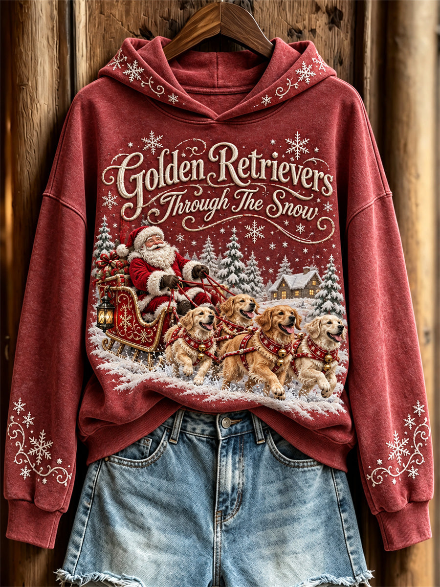 Women's Golden Retrievers Through The Snow Christmas Santa Claus & Dogs Print Hoodie