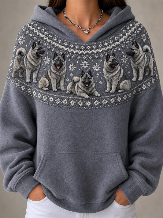Women's Vintage Norwegian Elkhound Dogs Yoke Isle Pattern Print Hoodie