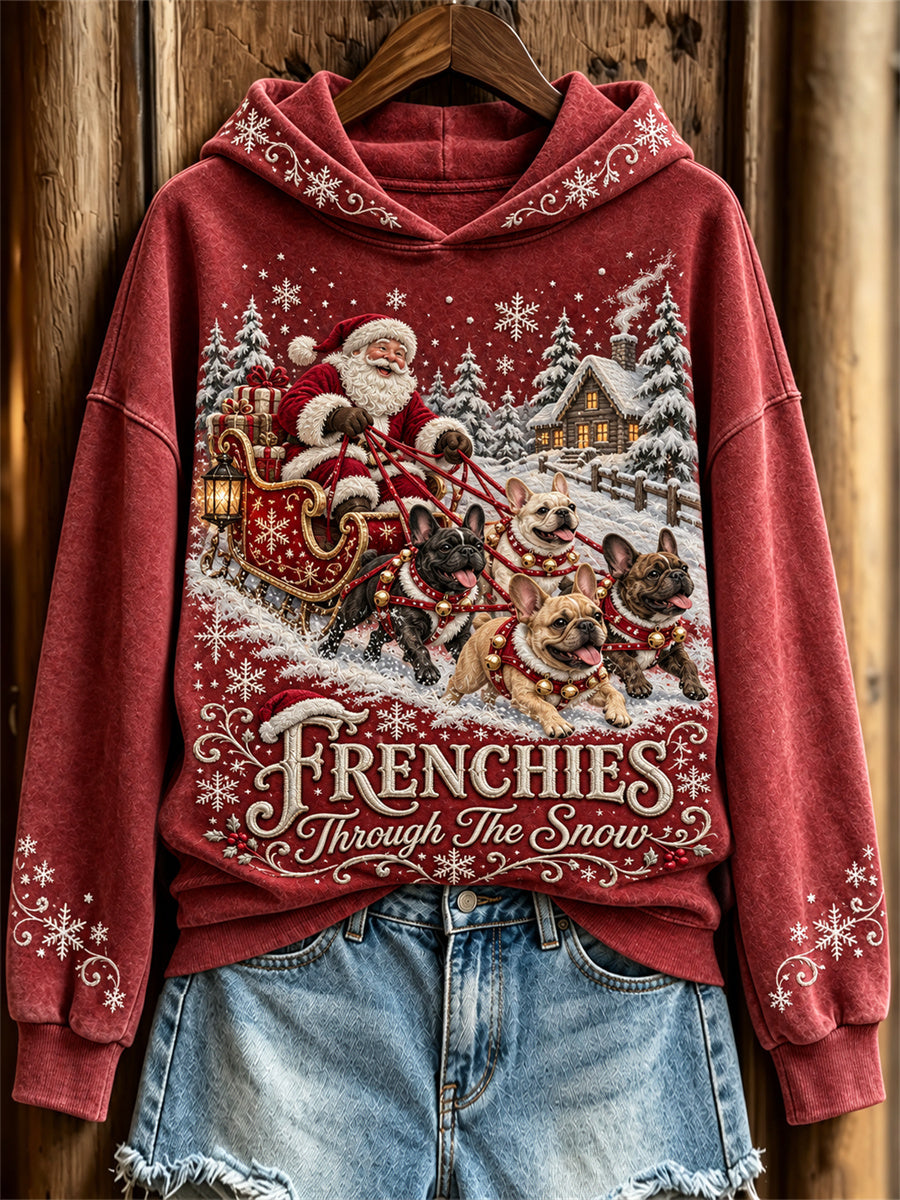 Women's Frenchies Through The Snow Christmas Santa Claus & Dogs Print Hoodie