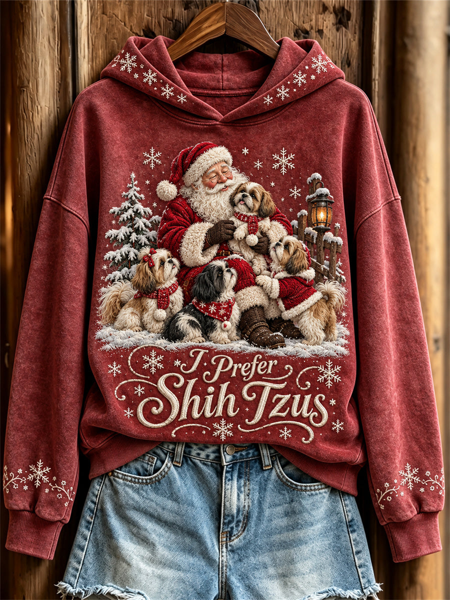 Women's I Prefer Shih Tzus Christmas Santa Claus & Dogs Print Hoodie