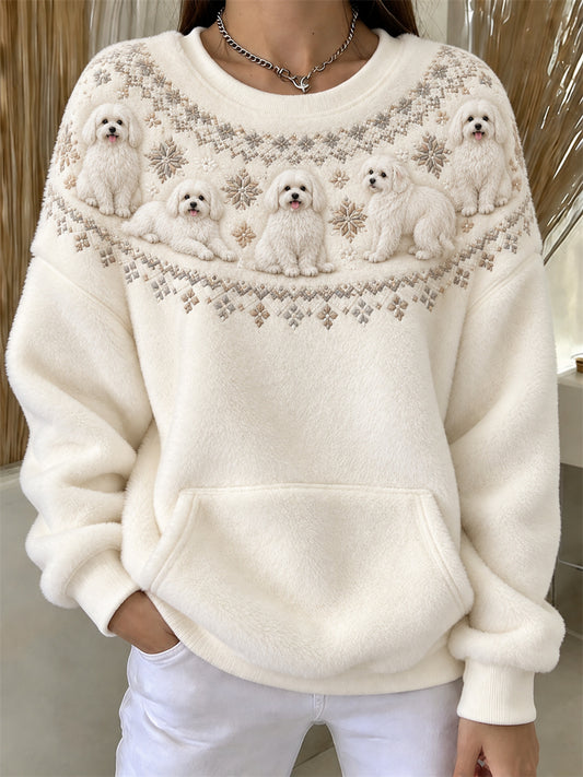 Women's Vintage Maltese Dogs Yoke Isle Pattern Print Flannel Sweatshirt