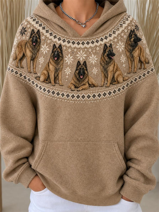 Women's Vintage Belgian Tervuren Dogs Yoke Isle Pattern Print Hoodie