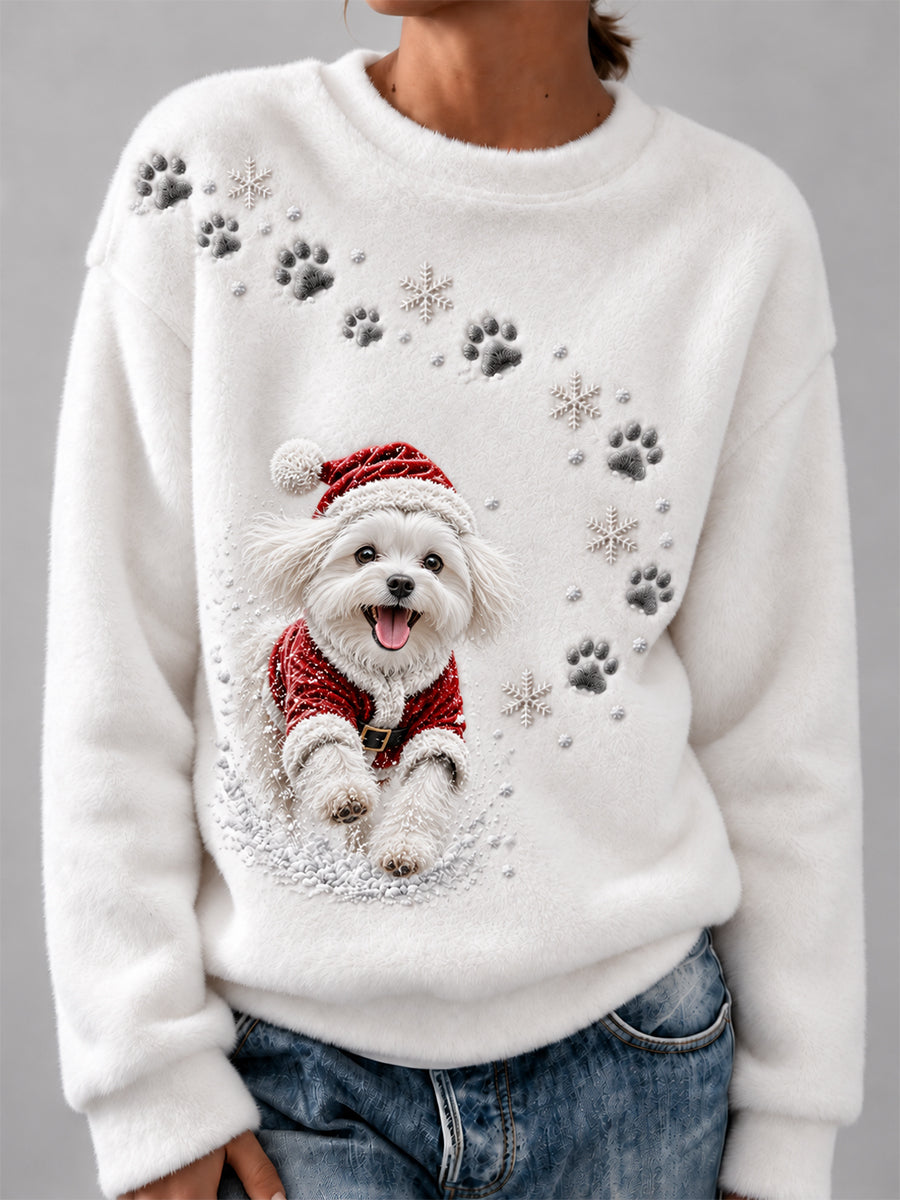 Women's Cute Christmas Maltese Dog Print Cozy Flannel Sweatshirt
