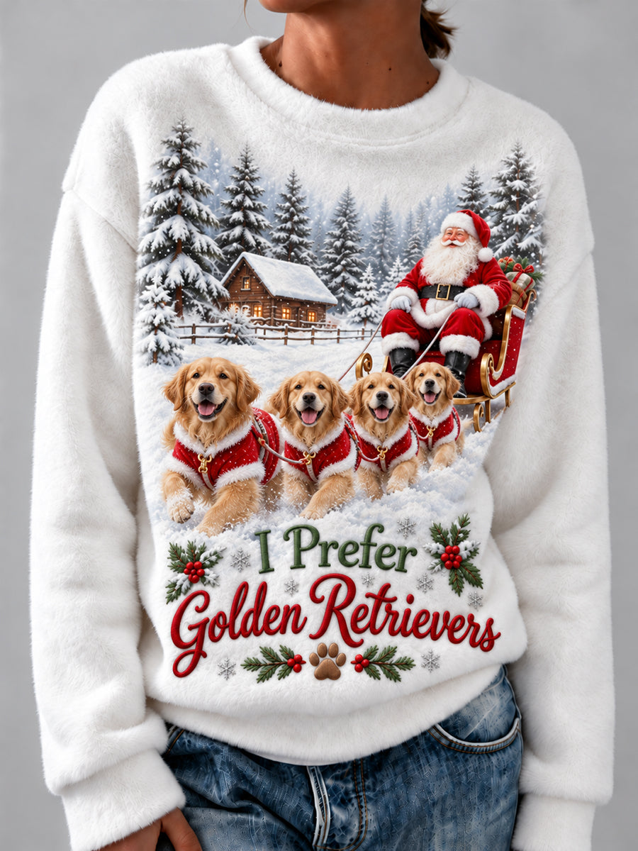 Women's Christmas I Prefer Golden Retrievers Santa Claus & Dogs Print Cozy Flannel Sweatshirt