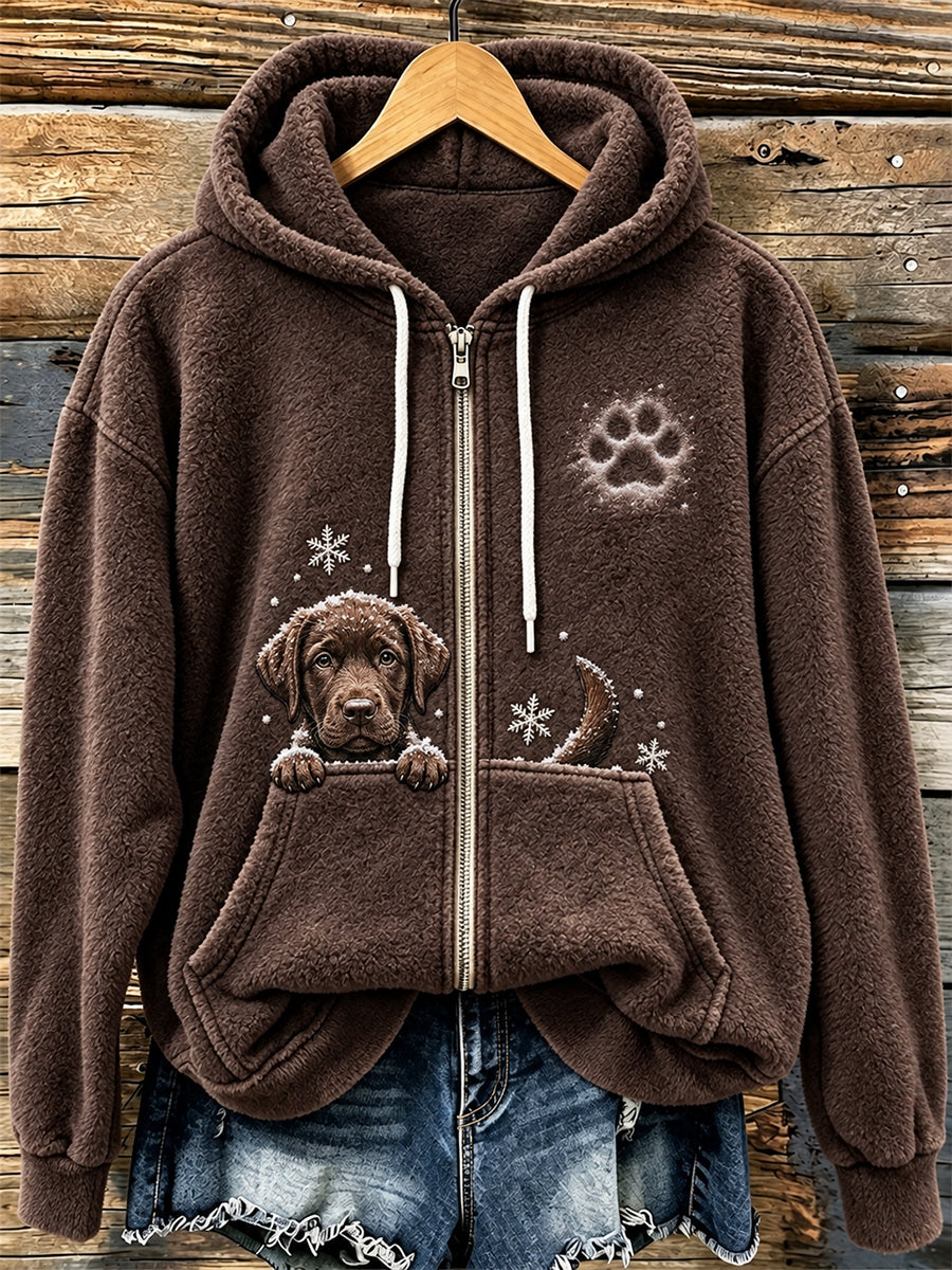 Women's Cute Peeking Chocolate Labrador Retriever Dog & Paw Print Cozy Flannel Jacket
