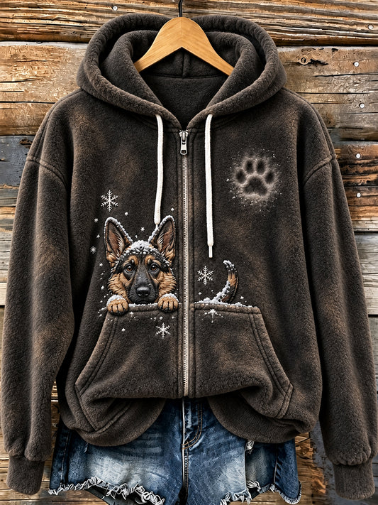 Women's Cute Peeking German Shepherd Dog & Paw Print Cozy Flannel Jacket
