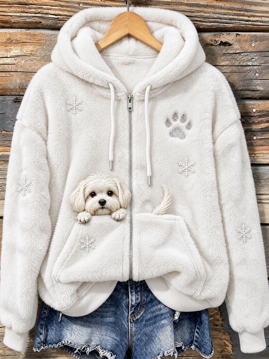 Women's Cute Peeking Maltese Dog & Paw Print Cozy Flannel Jacket