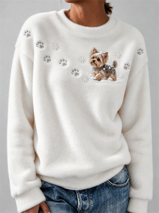 Women's Yorkie Dog in the Snow Paw Prints & Snowflakes Print Cozy Flannel Sweatshirt