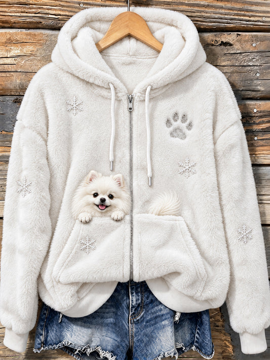 Women's Cute Peeking Pomeranian Dog & Paw Print Cozy Flannel Jacket