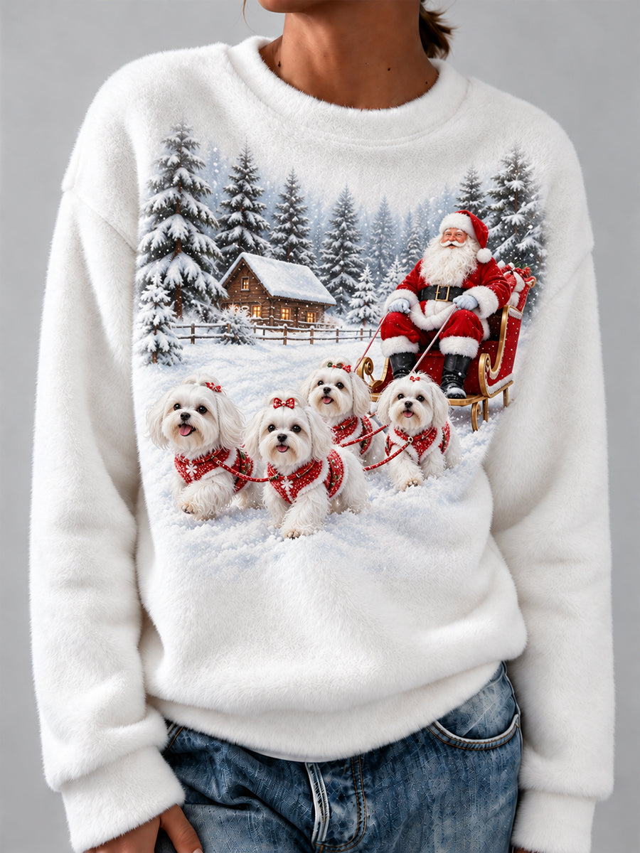 Women's Christmas Santa Claus & Maltese Dogs Print Cozy Flannel Sweatshirt