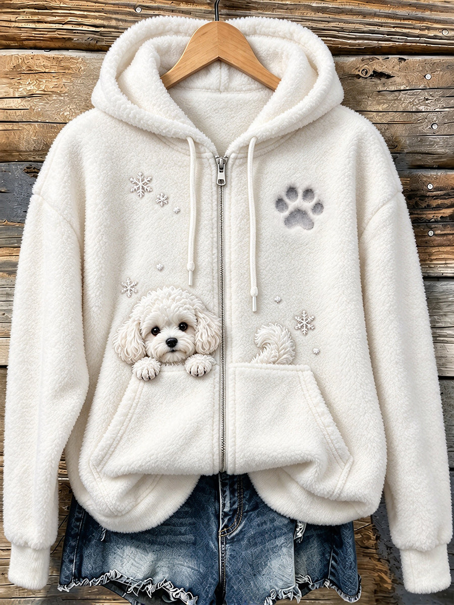Women's Cute Peeking Bichon Frise Dog & Paw Print Cozy Flannel Jacket