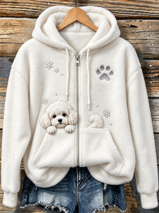 Women's Cute Peeking Bichon Frise Dog & Paw Print Cozy Flannel Jacket
