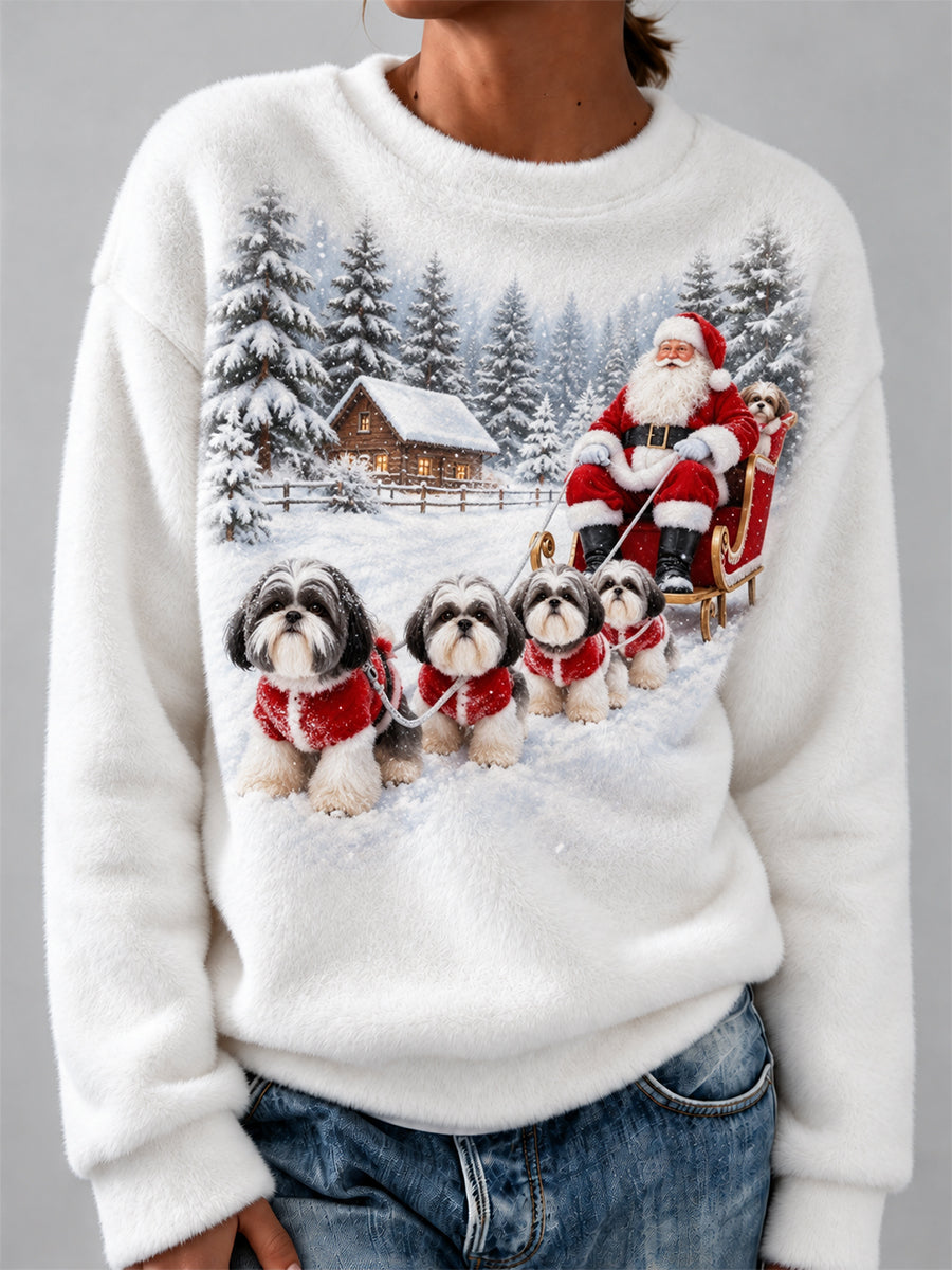 Women's Christmas Santa Claus & Shih Tzu Dogs Print Cozy Flannel Sweatshirt