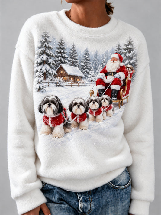 Women's Christmas Santa Claus & Shih Tzu Dogs Print Cozy Flannel Sweatshirt