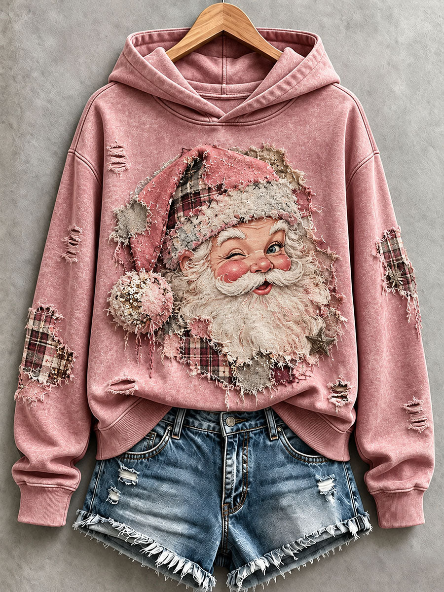 Women's Distressed Santa Patchwork Art Hoodie