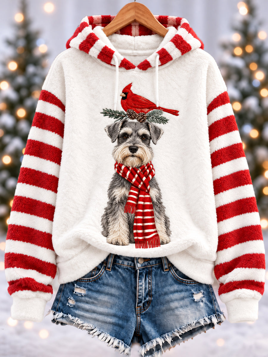 Women's Christmas Cute Funny Schnauzer Northern Cardinal Stripes Print Casual Flannel Hoodie
