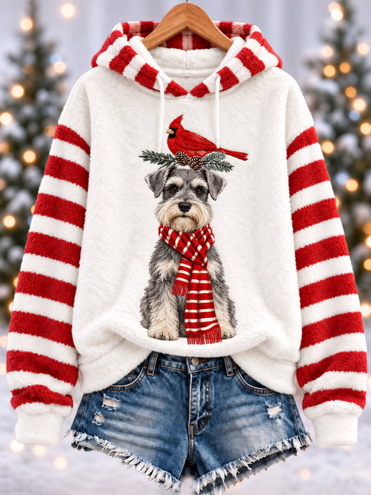 Women's Christmas Cute Funny Schnauzer Northern Cardinal Stripes Print Casual Flannel Hoodie