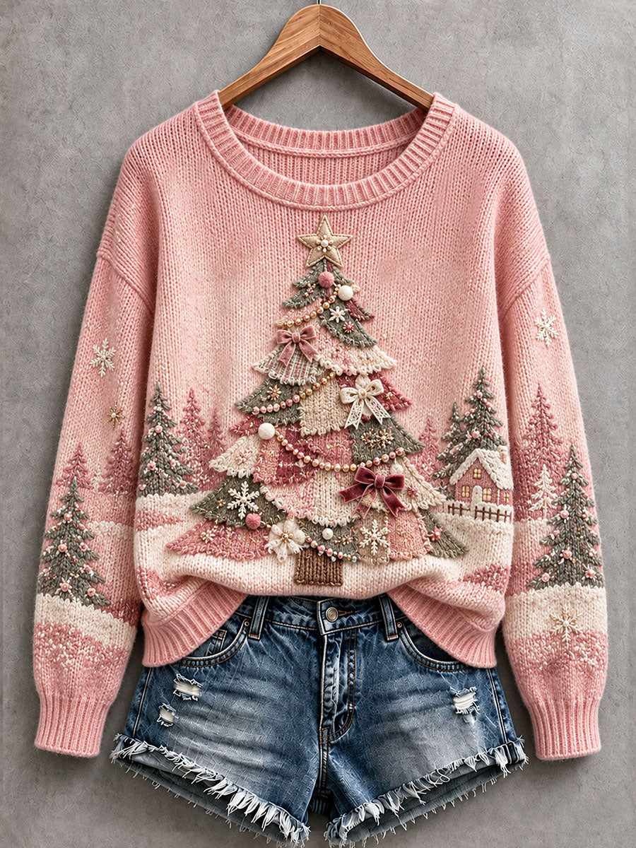 Women’s Pink Christmas Tree Cozy Knit Sweater