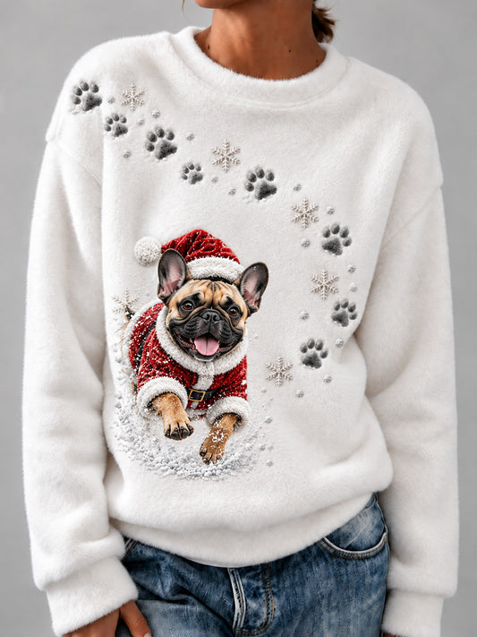 Women's Running Christmas French Bulldog Print Flannel Sweatshirt