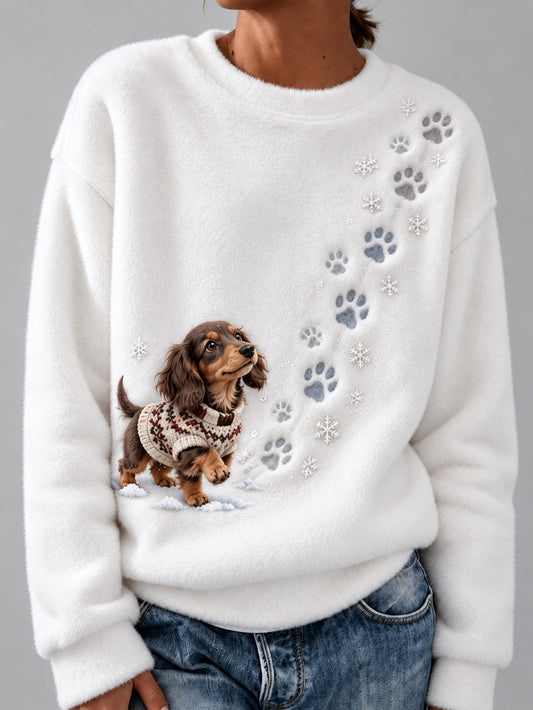 Women's Winter Snowy Dachshund Pattern Casual Flannel Sweatshirt