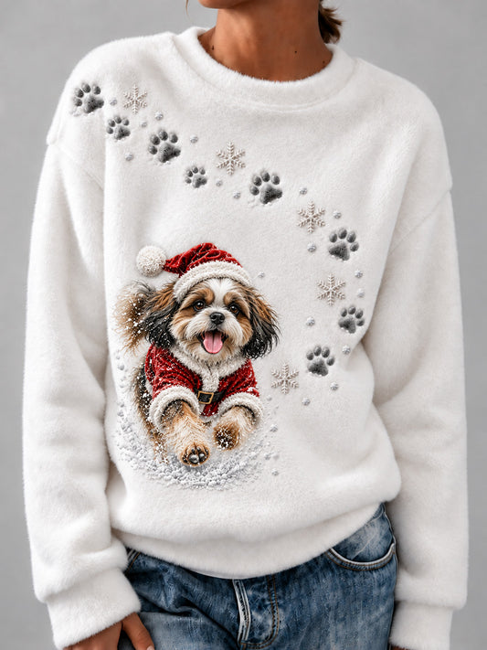 Women's Running Christmas Shih Tzu Dog Print Flannel Sweatshirt