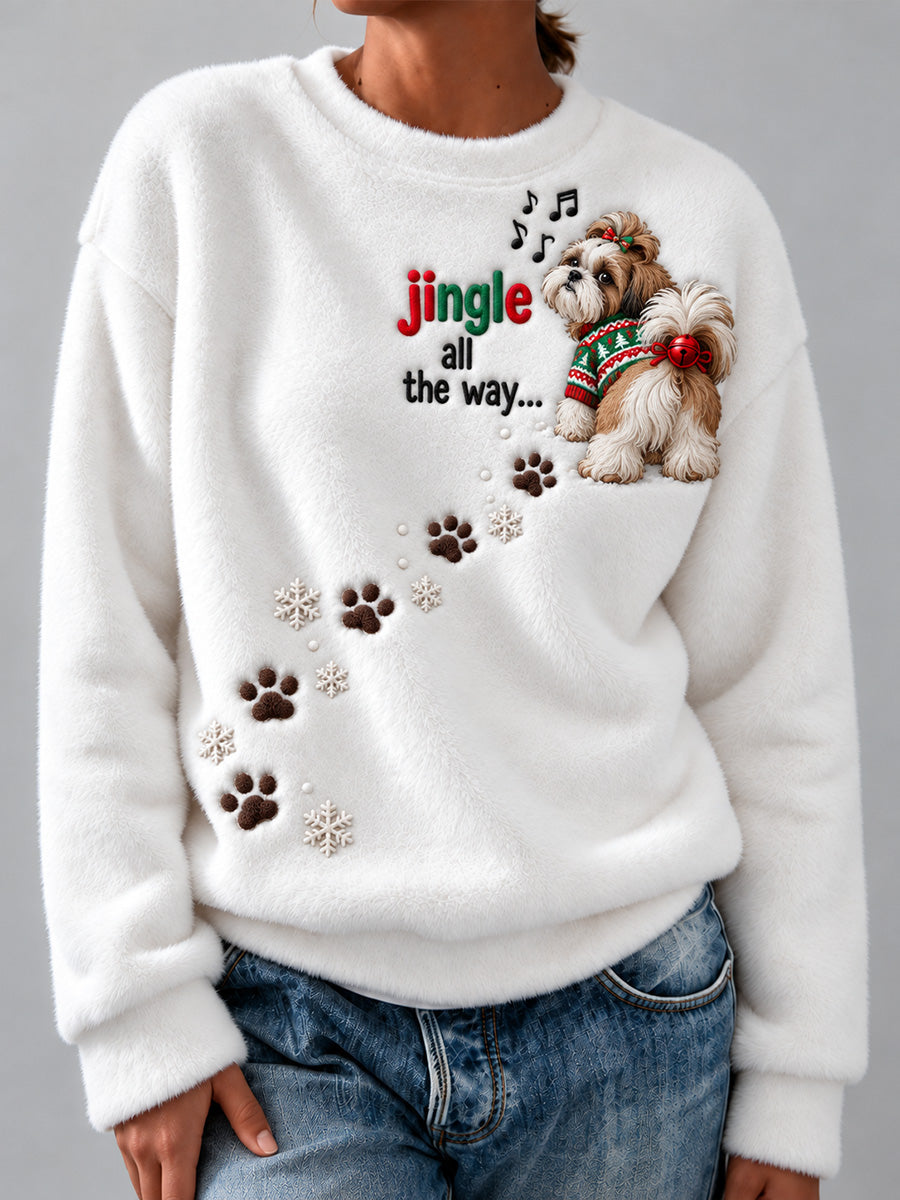 Women's Jingle All The Way Shih Tzu Christmas Dog Print Flannel Sweatshirt