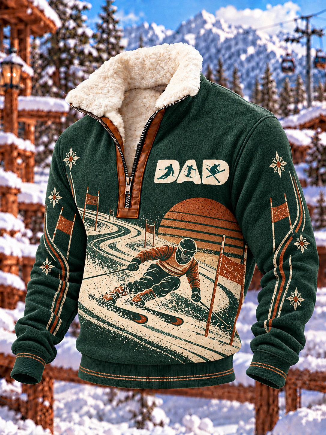 Men's Ski Dad Printed Plush Stand Collar Shirt