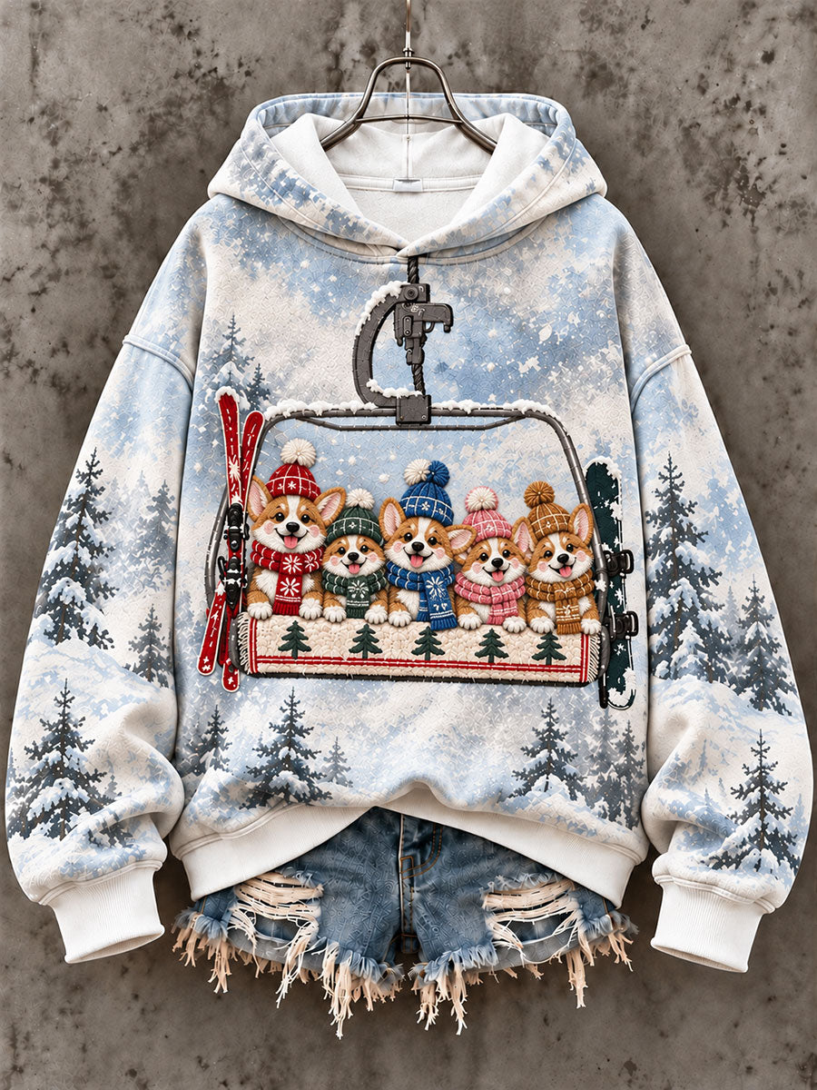 Women's Ski Lift Corgi Fun Print Casual Sweatshirt