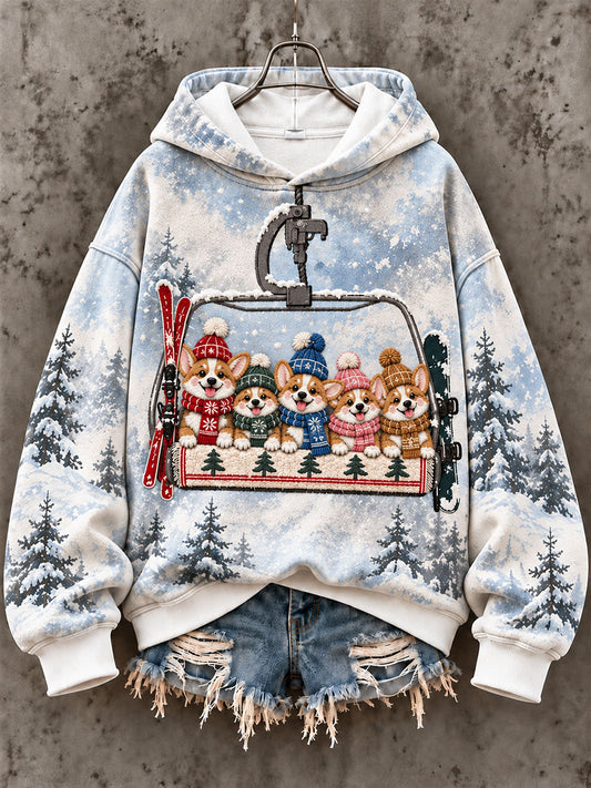 Women's Ski Lift Corgi Fun Print Casual Sweatshirt