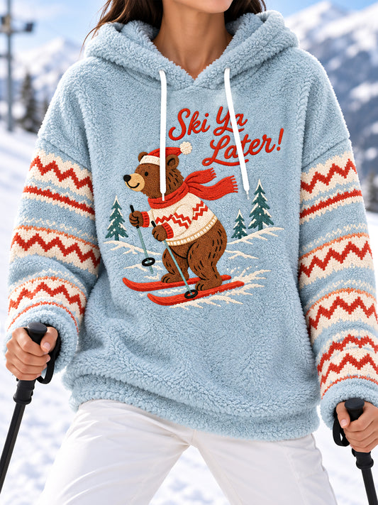 Women's Cute Funny Bear Skiing Print Casual Flannel Hoodie