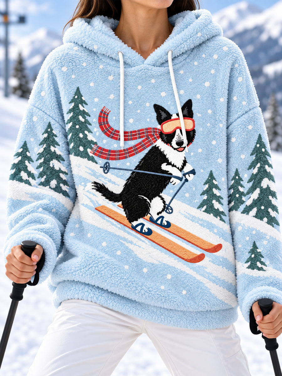 Women's Cute Funny Dog Skiing Print Casual Flannel Hoodie
