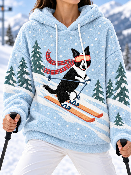 Women's Cute Funny Dog Skiing Print Casual Flannel Hoodie
