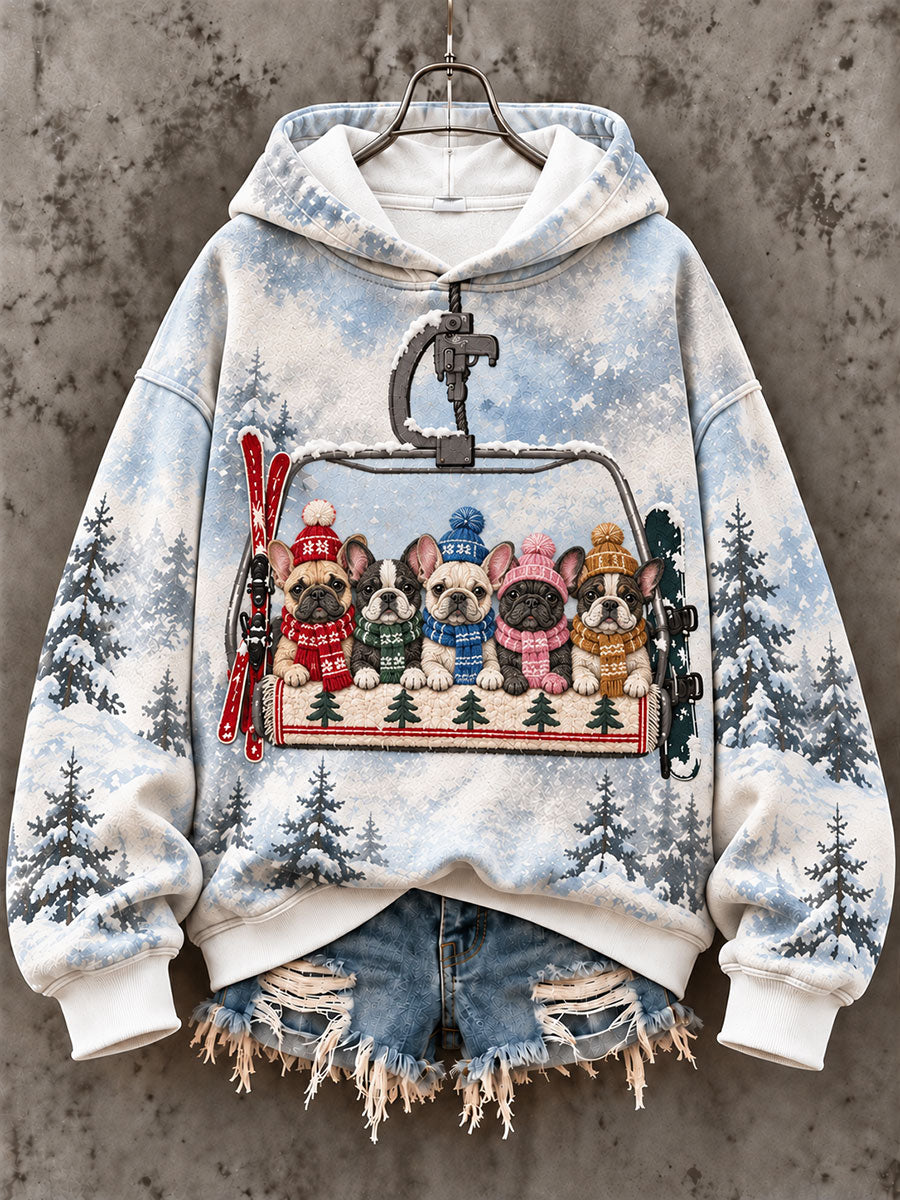Women's Ski Lift French Bulldog Fun Print Casual Sweatshirt