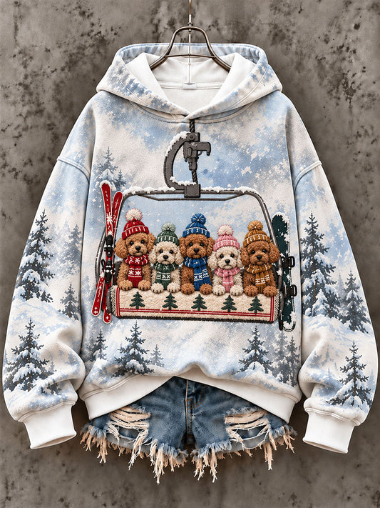 Women's Ski Lift Teddy Dog Fun Print Casual Sweatshirt