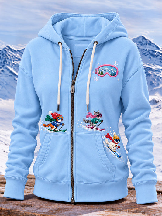 Women's Cute Cat Ski Graphic Zip-Up Hoodie