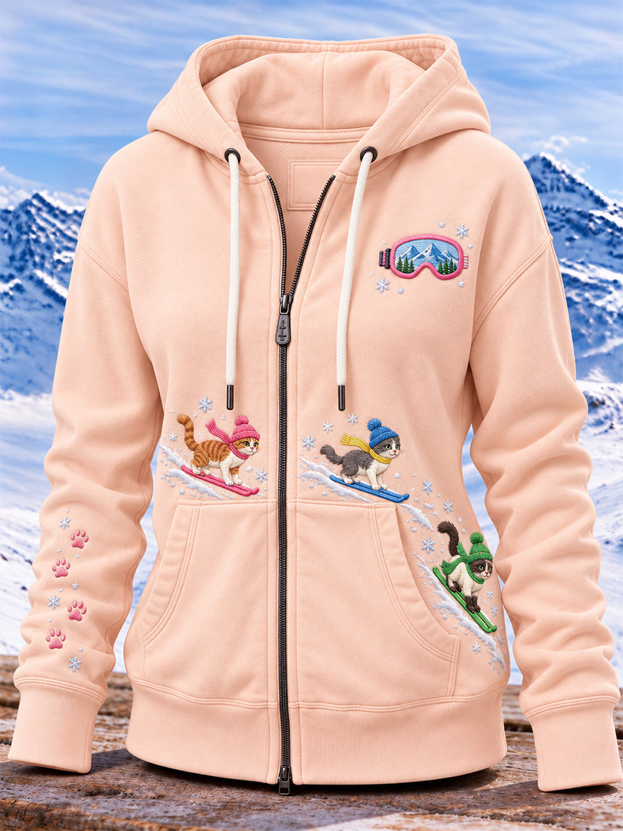 Women's Cute Cat Ski Graphic Zip-Up Hoodie