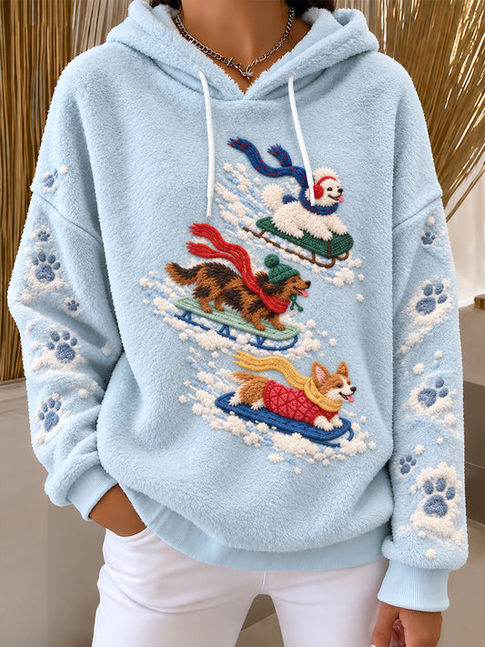 Women's Skiing Dog Fun Print Casual Flannel Hoodie