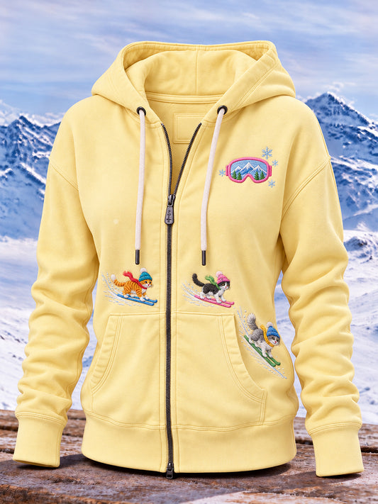 Women's Cute Cat Ski Graphic Zip-Up Hoodie