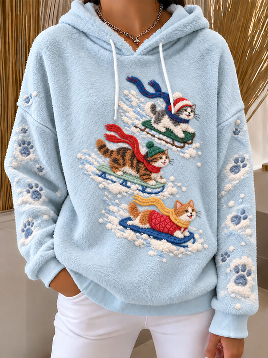 Women's Skiing Dog Fun Print Casual Flannel Hoodie