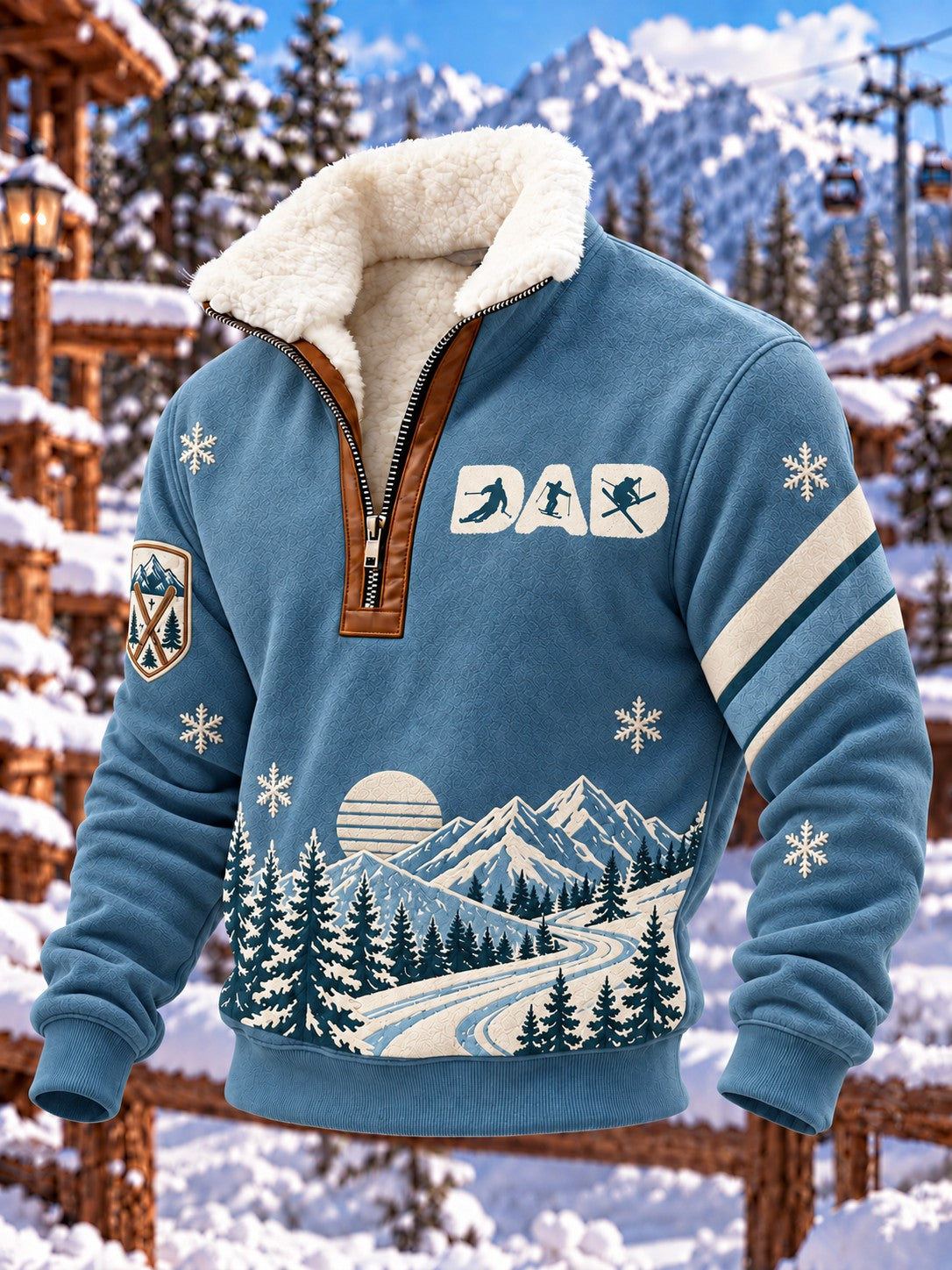 Men's Ski Dad Printed Plush Stand Collar Shirt