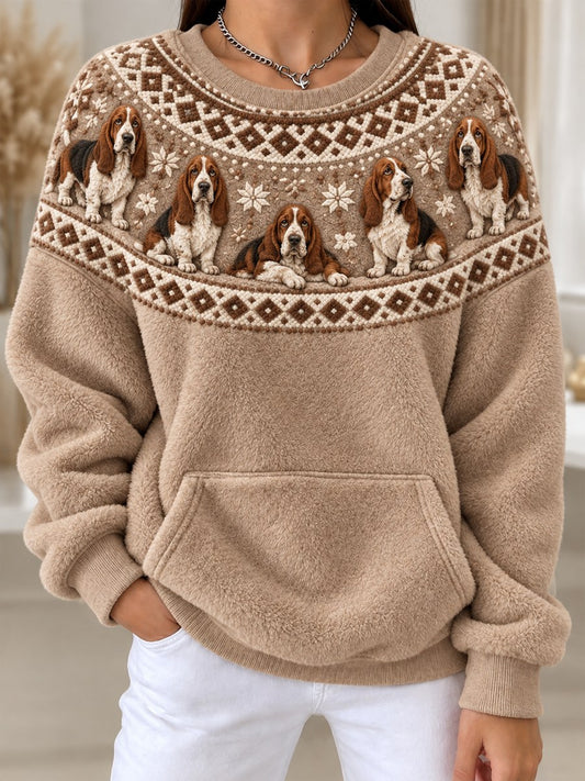 Women's Vintage Basset Hound Dogs Yoke Isle Pattern Print Cozy Flannel Sweatshirt