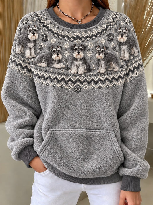 Women's Vintage Schnauzer Dogs Yoke Isle Pattern Print Cozy Flannel Sweatshirt