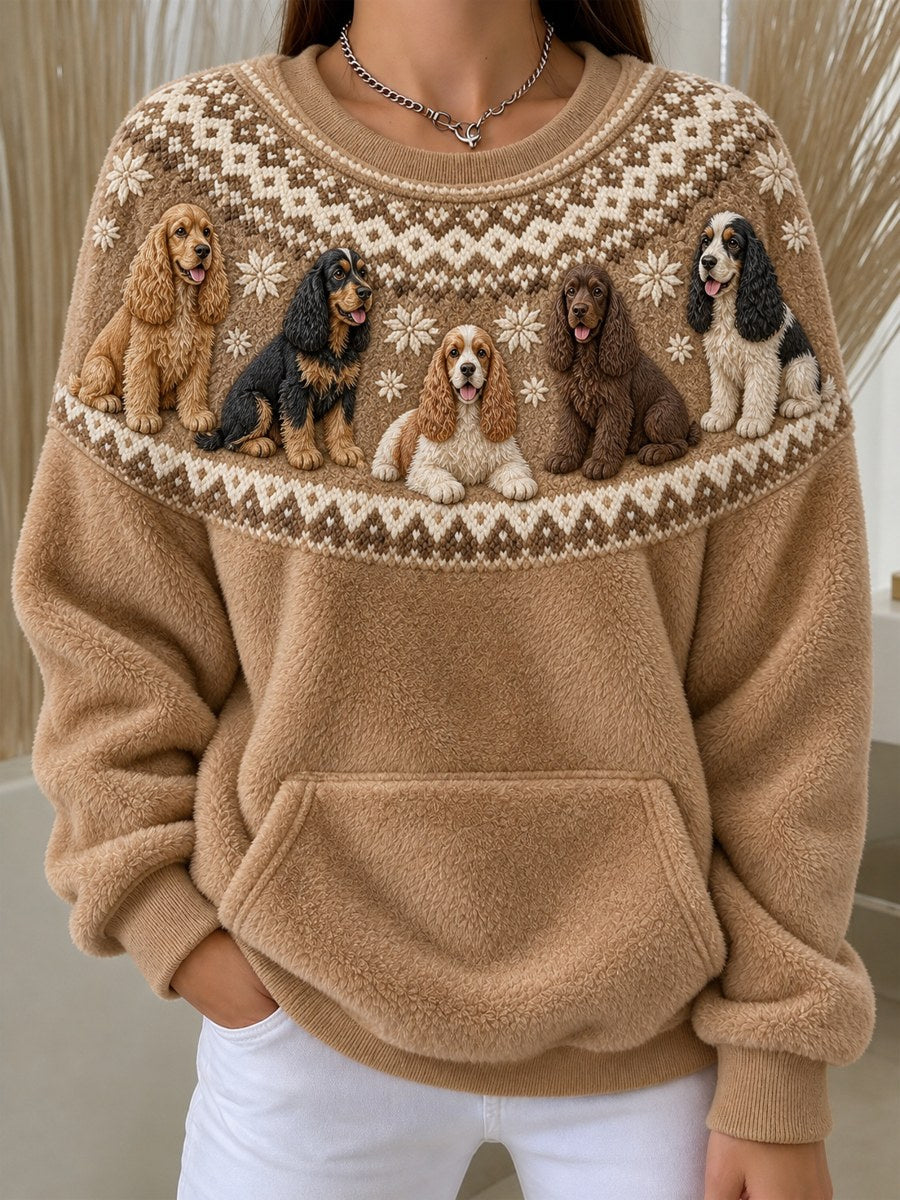 Women's Vintage Coker Spaniel Dogs Yoke Isle Pattern Print Cozy Flannel Sweatshirt