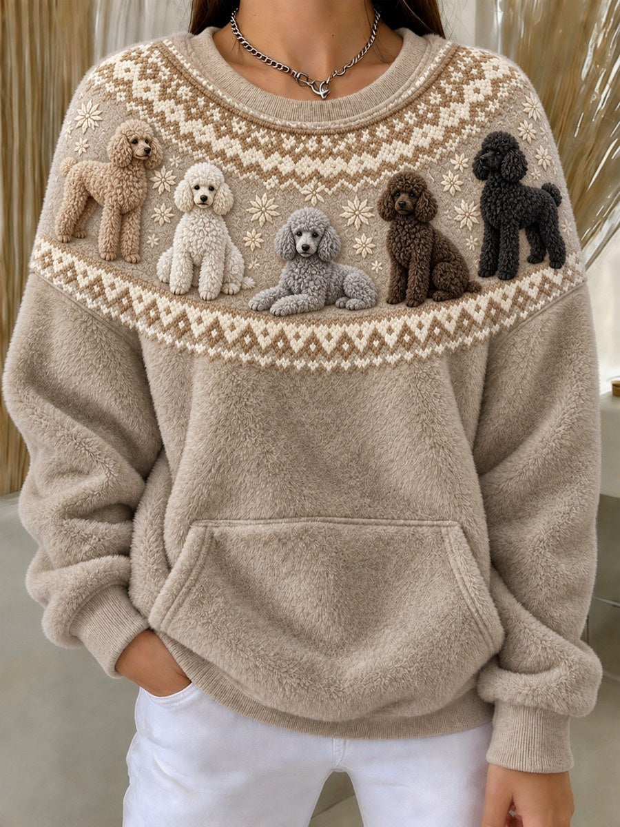 Women's Vintage Poodle Dogs Yoke Isle Pattern Print Cozy Flannel Sweatshirt