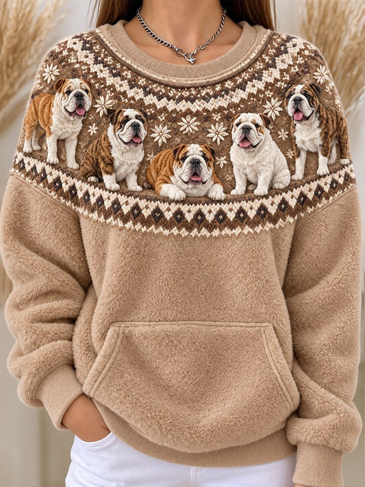 Women's Vintage Bulldogs Yoke Isle Pattern Print Cozy Flannel Sweatshirt