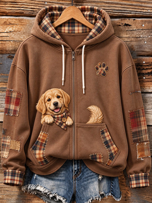Women's Cute Peeking Golden Retriever Plaid Patchwork Print Zip-Up Hoodie