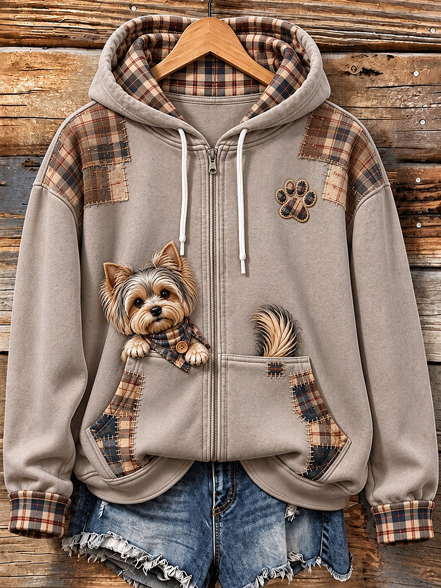 Women's Cute Peeking Yorkshire Terrier Plaid Patchwork Print Zip-Up Hoodie