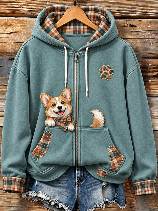 Women's Cute Peeking Corgi Plaid Patchwork Print Zip-Up Hoodie