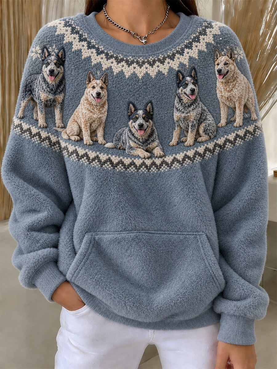 Women's Vintage Cattle Dogs Yoke Isle Print Cozy Flannel Sweatshirt