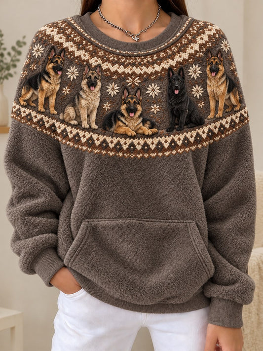 Women's Vintage German Shepherd Dogs Yoke Isle Print Cozy Flannel Sweatshirt